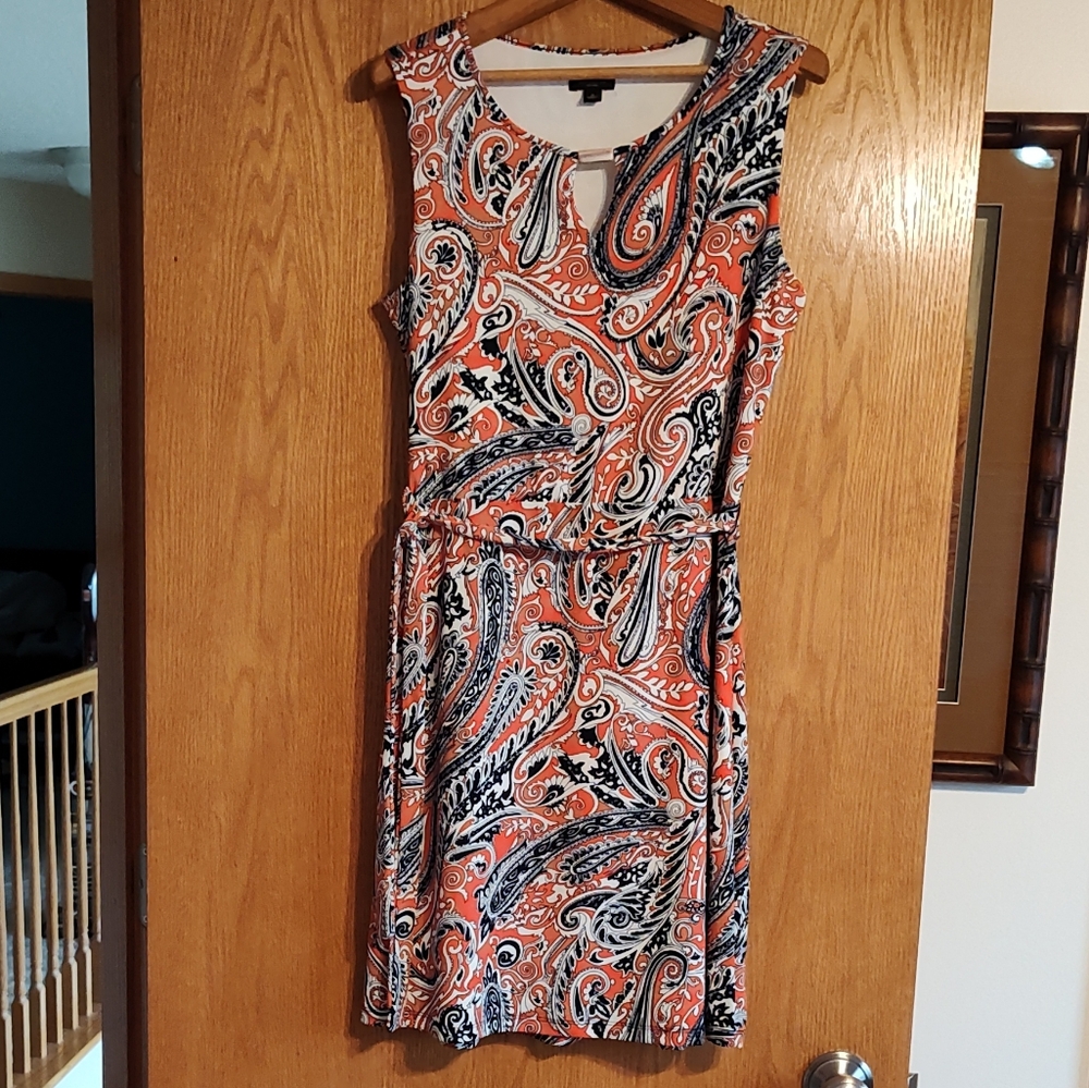 Women's Ann Taylor Drop Waist Belted Vibrant Orange /Blue/White Midi Dre…